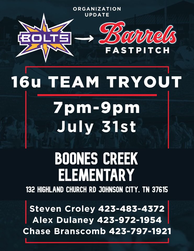 🚨EXCITING OPPORTUNITY 🚨

Our 16u TN Thunderbolts ⚡️Team is making a change to Barrels Fastpitch 🥎 this Fall and looking for 3-4 great teammates! 

Are YOU looking for…

-faith based organization❓
-high level development❓
-great teammates❓
-winning culture❓
-mental