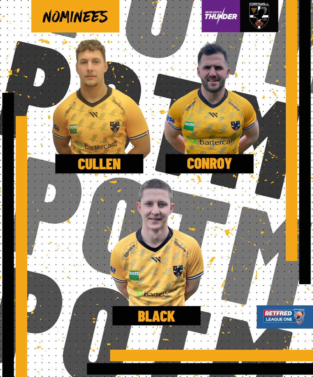 CornwallRLFC's tweet photo. 𝗣𝗟𝗔𝗬𝗘𝗥 𝗢𝗙 𝗧𝗛𝗘 𝗠𝗔𝗧𝗖𝗛 🍾

🙌 Victory over @ThunderRugby this afternoon for the Choughs!

🧐 So who was your Cornwall Player of the Match? 

🗳 Vote details in the tweet below!

🖤💛 #Kernowkynsa #RugbyLeague https://t.co/63nF2wRaE6