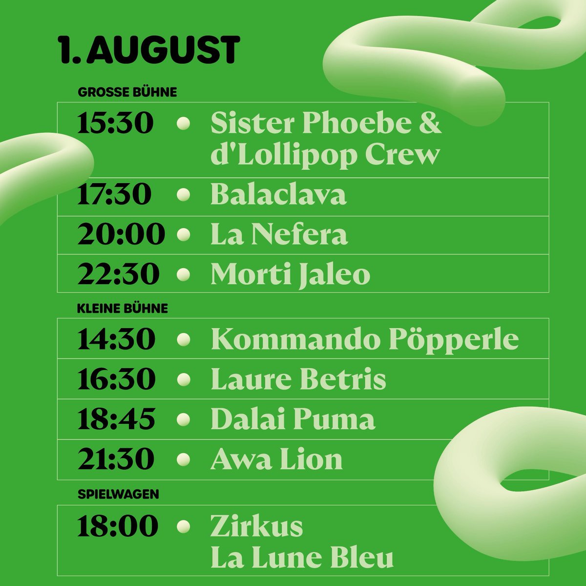 Hier ist es: Unser Line up für das Äms Fäscht 2024. 🎊

Wir feiern am 31. Juli und am 1. August statt Abschottung und Abgrenzung eine Welt ohne Grenzen. Und das mit so vielen tollen Künstler:innen, die an zwei Tagen auf der Bühne stehen werden. Wir freuen uns! ✊🏼🌍🪩