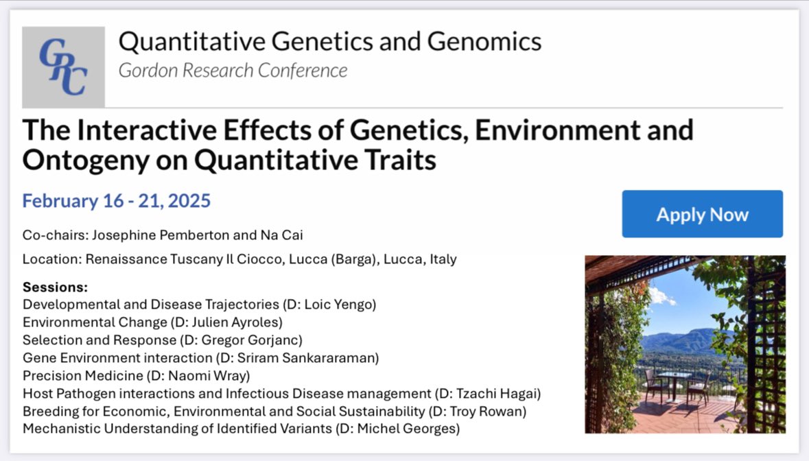 Quantgen folks looking for next event after <a href="/icqg2024/">ICQG2024</a>: Registration is open for <a href="/GordonConf/">Gordon Research Conferences</a> on Quantgen and genomics (16-21 Feb 2025 in Lucca, Italy), pls register! Program is online, and we have a great speaker lineup grc.org/quantitative-g…