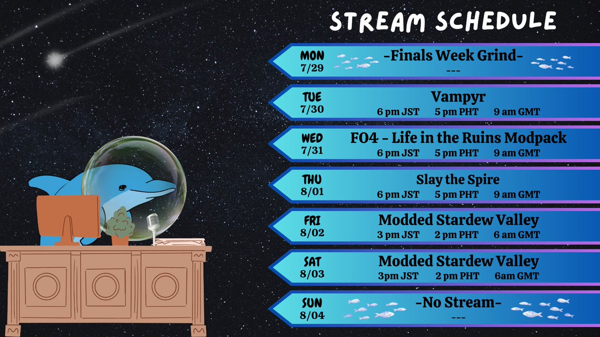 Stream Schedule 7/29 - 08/03

We in hell... it's hot and it's finals week...

Anyways, mixing up the stream a lil' bit, got nothing Mon to focus on my school... but other than that we mixing up the schedule a lil' bit...

Come say hi or somethin'...

youtube.com/channel/UCrRyl…