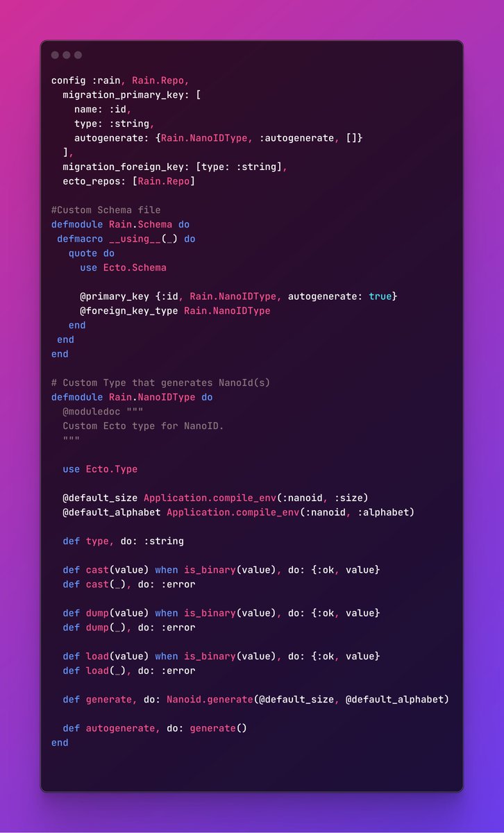 JonatanSav's tweet photo. Instead of:
create table(:users, primary_key: false) do 
add :id, :string, primary_key: true, null: false, default: fragment(Nanoid.generate())

Follow 🧵to see how simple it is to match your schema to this new setup! 🧵

#LiveView #MyElixirStatus #elixirlang https://t.co/iwiAml4s9x
