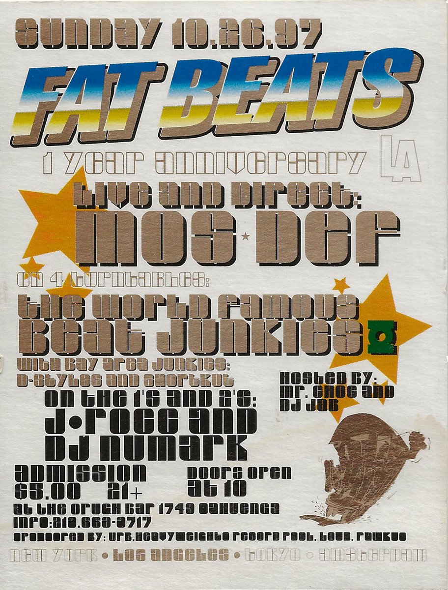 Fat Beats (@fatbeats) on Twitter photo Fat Beats LA 1 year anniversary flyer 1997 <a href="/MosDefOfficial/">Yasiin Bey</a> live and direct with the world famous Beat Junkies and on the 1s and 2s <a href="/jrocc/">J.Rocc</a> <a href="/DJNUMARK/">DJ NU-MARK</a>.
The flyer became the cover of the anniversary mixtape, mixed by J.Rocc and <a href="/djbabuforeal/">DJ BABU</a> . Art by Rich One - from the archives. Fat Beats LA 1 year anniversary flyer 1997 <a href="/MosDefOfficial/">Yasiin Bey</a> live and direct with the world famous Beat Junkies and on the 1s and 2s <a href="/jrocc/">J.Rocc</a> <a href="/DJNUMARK/">DJ NU-MARK</a>.
The flyer became the cover of the anniversary mixtape, mixed by J.Rocc and <a href="/djbabuforeal/">DJ BABU</a> . Art by Rich One - from the archives.