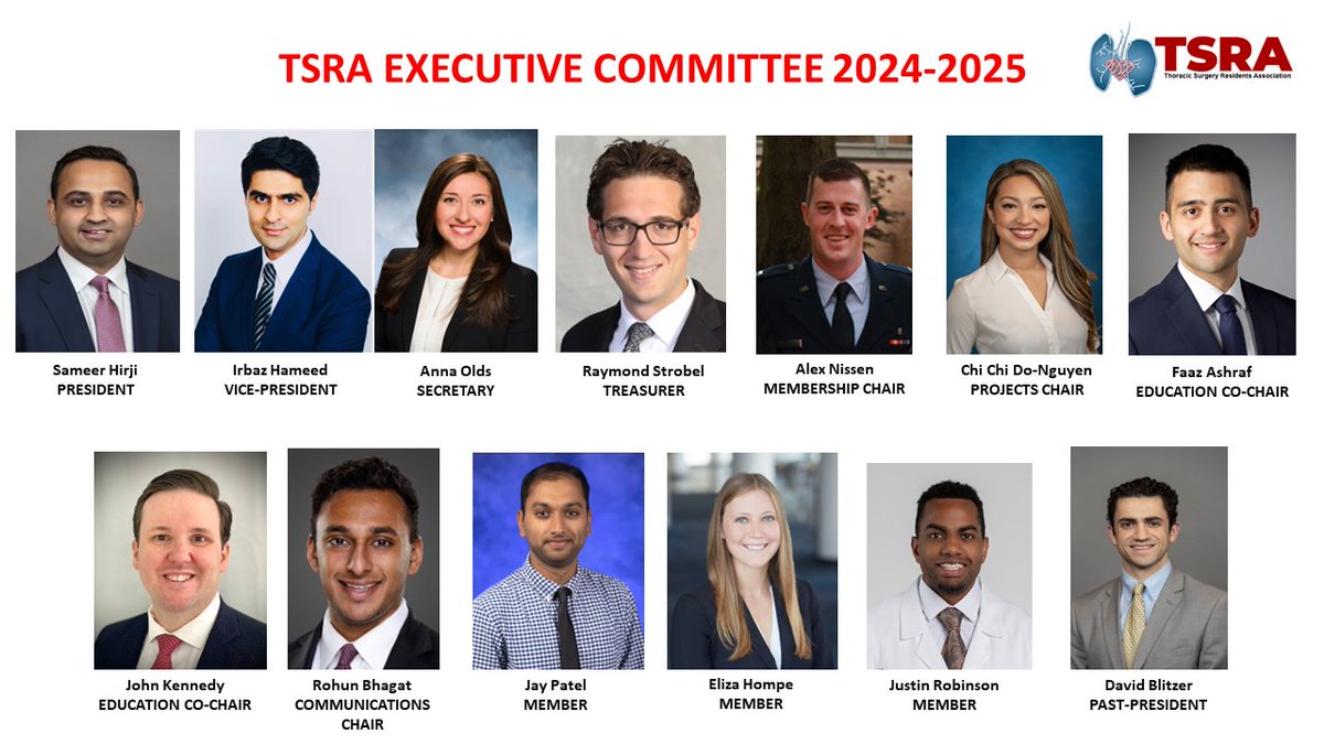 TSRA (@tsra_official) on Twitter photo Welcome to the new TSRA Executive Committee for 2024-2025!
<a href="/Hirji1987/">Sameer Hirji</a> <a href="/irbaz_hameed/">Irbaz Hameed, MD, PhD</a> <a href="/Anna_Olds/">Anna Olds</a> <a href="/R_Strobes/">Ray Strobel, MD, MSc</a> <a href="/AlexNissen89/">Alex Nissen</a> @chichidonguyen <a href="/faazash/">Faaz Ashraf</a> <a href="/jtkennedyiii/">John T. Kennedy III</a> <a href="/RohunBhagat/">Rohun Bhagat</a> <a href="/DavidBlitzer1/">David Blitzer</a> <a href="/JA_RobiMD/">Justin Robinson</a> @ Eliza Hompe @ Jay Patel Welcome to the new TSRA Executive Committee for 2024-2025!
<a href="/Hirji1987/">Sameer Hirji</a> <a href="/irbaz_hameed/">Irbaz Hameed, MD, PhD</a> <a href="/Anna_Olds/">Anna Olds</a> <a href="/R_Strobes/">Ray Strobel, MD, MSc</a> <a href="/AlexNissen89/">Alex Nissen</a> @chichidonguyen <a href="/faazash/">Faaz Ashraf</a> <a href="/jtkennedyiii/">John T. Kennedy III</a> <a href="/RohunBhagat/">Rohun Bhagat</a> <a href="/DavidBlitzer1/">David Blitzer</a> <a href="/JA_RobiMD/">Justin Robinson</a> @ Eliza Hompe @ Jay Patel