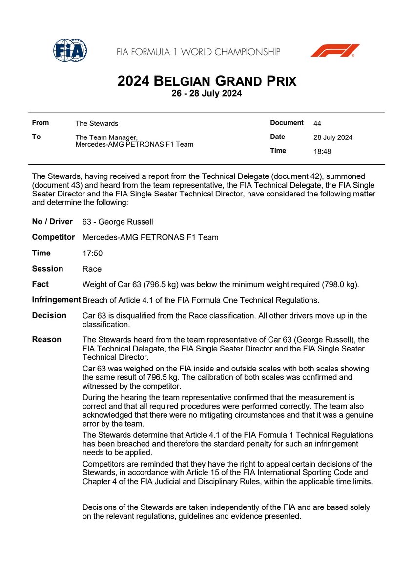 fiadocsbot's tweet image. New document: Doc 44 - Infringement - Car 63 - Technical non-compliance (Weight)
Published on 28-07-2024 18:53 CET

fia.com/sites/default/…
#F1 #Formula1 #FIA #BelgianGP 🇧🇪