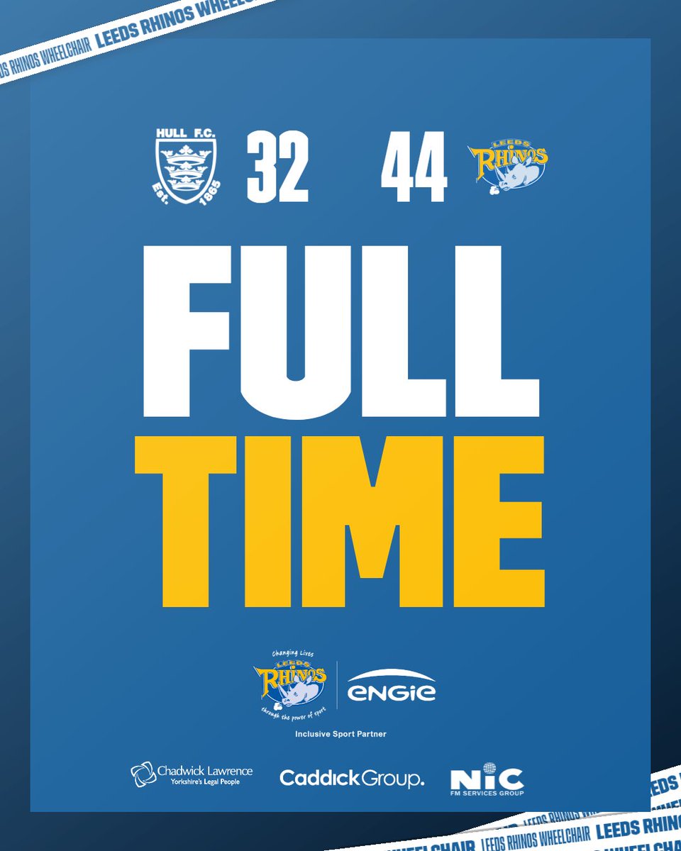 𝗙𝗨𝗟𝗟 𝗧𝗜𝗠𝗘

It’s another win for the Rhinos who claim their fifth of the season!💙💛

Full time score:

⚫️⚪️ <a href="/FCComFoundation/">Hull FC Foundation</a> 32-44 Rhinos🦏

🤝 Inclusive Sports Partner: <a href="/ENGIE_UK/">ENGIE UK</a>