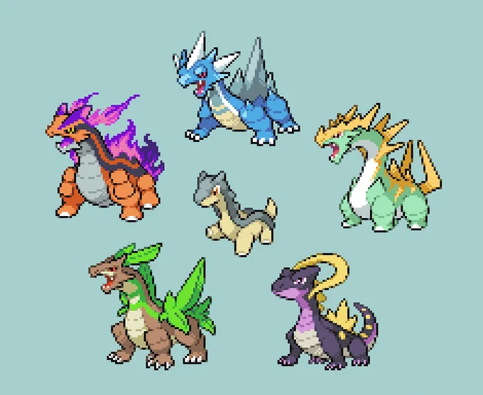 #fakemon #オリポケ ディノノ・ボルガガン・アイシーラ・ライガドン・ジルリーフ・ゲッカイト。