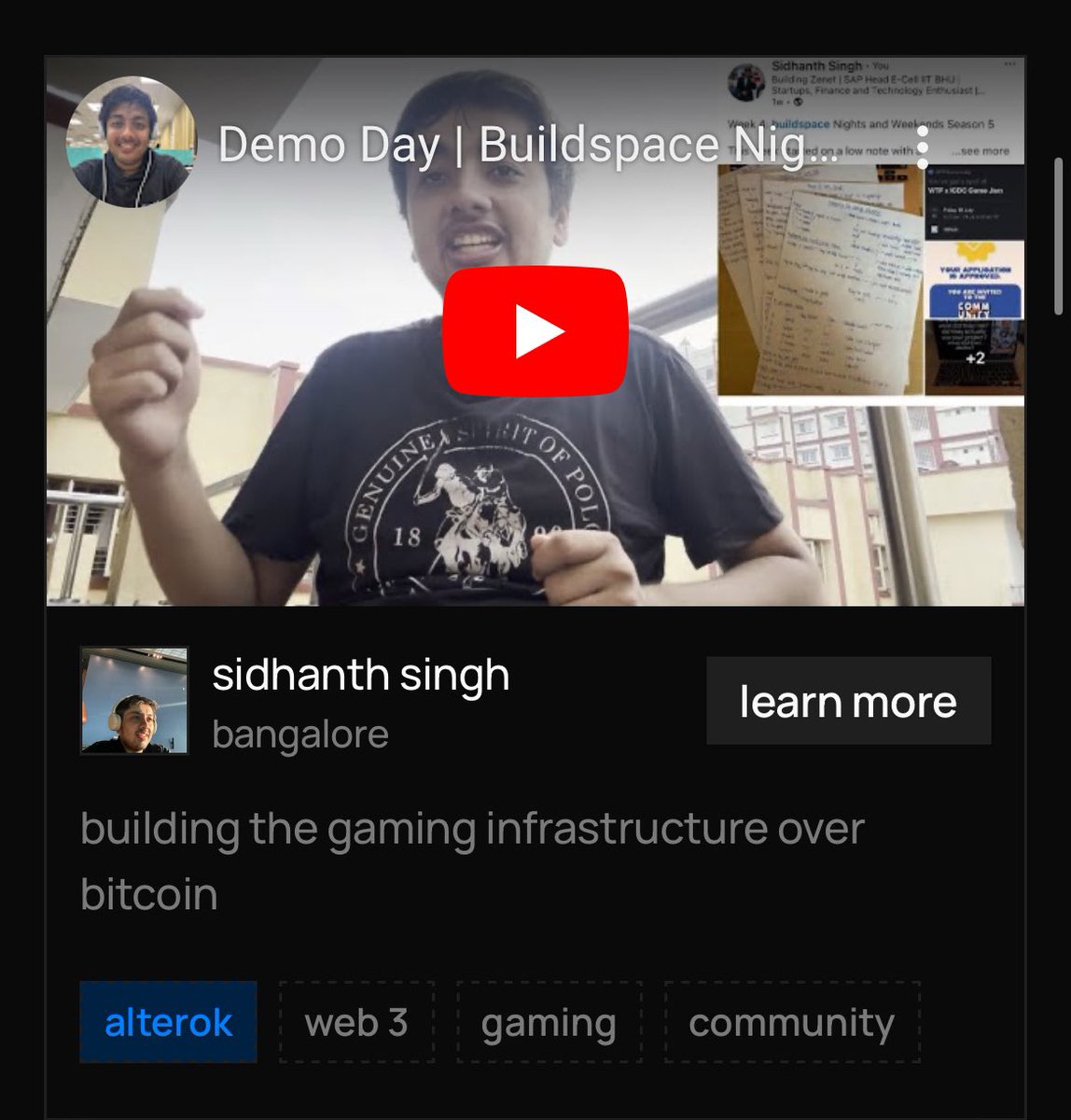 Sidhanth_here's tweet image. This video looks good on the buildspace page

Feels good to have completed all 6 weeks and genuinely grow in these 6 weeks

cc: @_buildspace @_nightsweekends @FarzaTV 

#buildspace #buildinginpublic