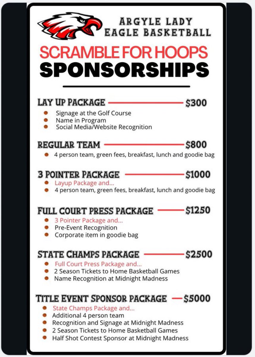 Do you want to support the Lady Eagle basketball team? Sign-up to be a sponsor for our Golf Scramble on Friday, Oct 11th! Spots are filling up quick but you still have time. ⛳️ 🏀 

⬇️ Check out the details and sponsorship options below! <a href="/ArgyleSports/">Argyle Eagles Booster Club</a> <a href="/ArgyleISD/">Argyle ISD</a>