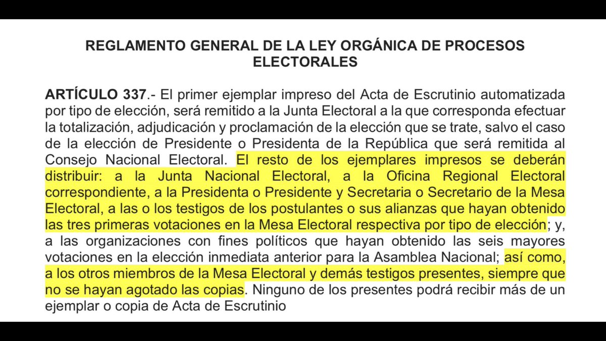 jrsalazarg's tweet photo. El artículo 337 del Reglamento General de la Ley Orgánica de Procesos Electorales es muy claro y taxativo sobre la distribución de  Actas de Escrutinio, cualquier procesamiento distinto es violatorio de la Ley https://t.co/cgixgJfcxB