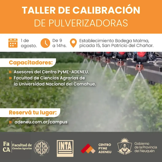 Malma será sede del Taller de Calibración de Pulverizadoras, organizado por la Facultad de Ciencias Agrarias.

🗓️ 1 de agosto
🕰️ 9 a 14 hs.

Actividad práctica y teórica.
Interesados podrán pedir información aquí:
instagram.com/faca.unco/