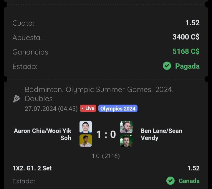Antifrases90's tweet photo. Bádminton 🏸 un deporte que la Juaneta con ayuda de sus miembros perfecciona día a día. 9 Apuestas ganadas🟢🔥 en Olimpiadas París 2024 🇨🇵 #Badmington #Paris2024 #Paris #Olimpiadas2024 #OlympicGames #1xbet #Betano #coolbet #Lajuaneta https://t.co/jgYn5Xf6KP