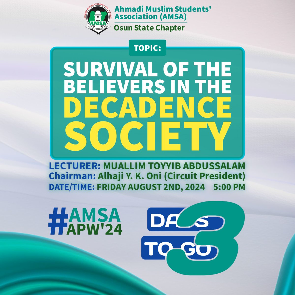 Join us in the propagation of Islam through public lecture as part of the activities in this year APW.

#AMSAOSUNSTATE
#APW '24