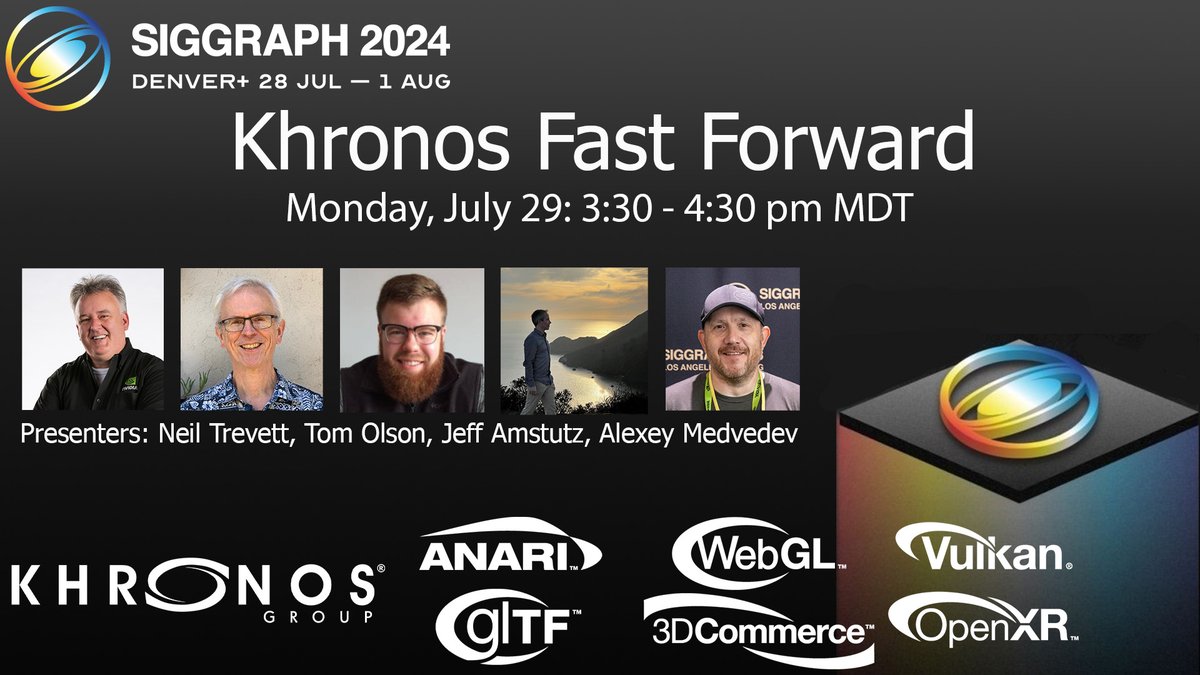 At #SIGGRAPH2024 tomorrow, be sure to attend the Khronos Fast Forward to hear the very latest updates from the Khronos working groups that are creating the standards to enable your next application or project!

All Khronos sessions can be found at: khronos.org/events/siggrap…