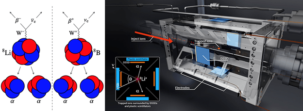 Left: “Mirror” nuclei lithium-8 and boron-8 undergo beta decay, then split into two alpha particles. Right: Radioactive ions from the ATLAS accelerator at Argonne National Laboratory are suspended in vacuum using an ion trap device.
Images courtesy A. Gallant (left) and Lawrence Livermore National Laboratory (right)