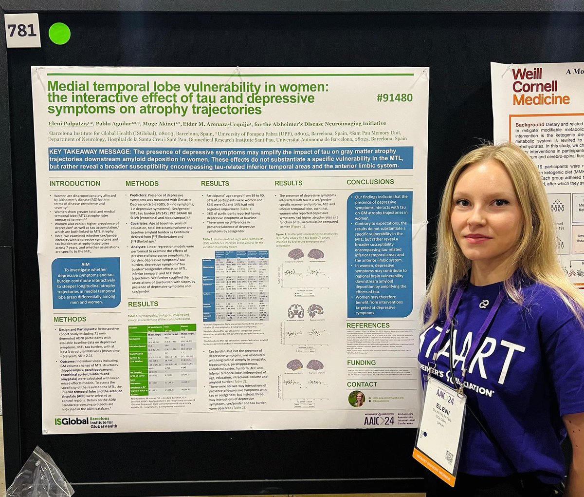 Eider Arenaza-Urquijo (@arenazaeider) on Twitter photo 📢 Visit poster #781 to learn more about <a href="/PalpatziEleni/">Eleni Palpatzis</a>'s work on mental health & Alzheimer's biomarkers
Here, we were interested on the interactive role of tau & depressive symptoms in lowering brain #resilience in #women #AAIC2024 <a href="/ReservePIA/">Reserve, Resilience and Protective Factors PIA</a> <a href="/SexAndGenderPIA/">Sex and Gender Differences in Alzheimer's Disease</a> <a href="/NeuroPsychPIA/">Neuropsychiatric Syndromes PIA</a> 📢 Visit poster #781 to learn more about <a href="/PalpatziEleni/">Eleni Palpatzis</a>'s work on mental health & Alzheimer's biomarkers
Here, we were interested on the interactive role of tau & depressive symptoms in lowering brain #resilience in #women #AAIC2024 <a href="/ReservePIA/">Reserve, Resilience and Protective Factors PIA</a> <a href="/SexAndGenderPIA/">Sex and Gender Differences in Alzheimer's Disease</a> <a href="/NeuroPsychPIA/">Neuropsychiatric Syndromes PIA</a>