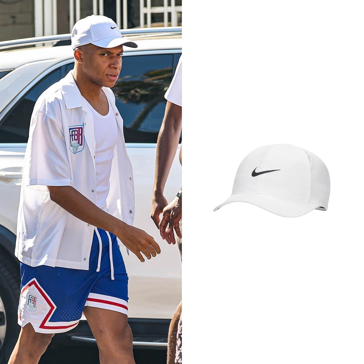 KMbappeStyle's tweet photo. , paired perfectly with some @nike essentials: the Dri-Fit Unstructured Featherlight Cap, Air Force 1 ‘07 Men’s Shoes in White, and Nike Everyday Cushioned Training Crew White Socks.

#KylianMbappé https://t.co/8haR2aCNQu