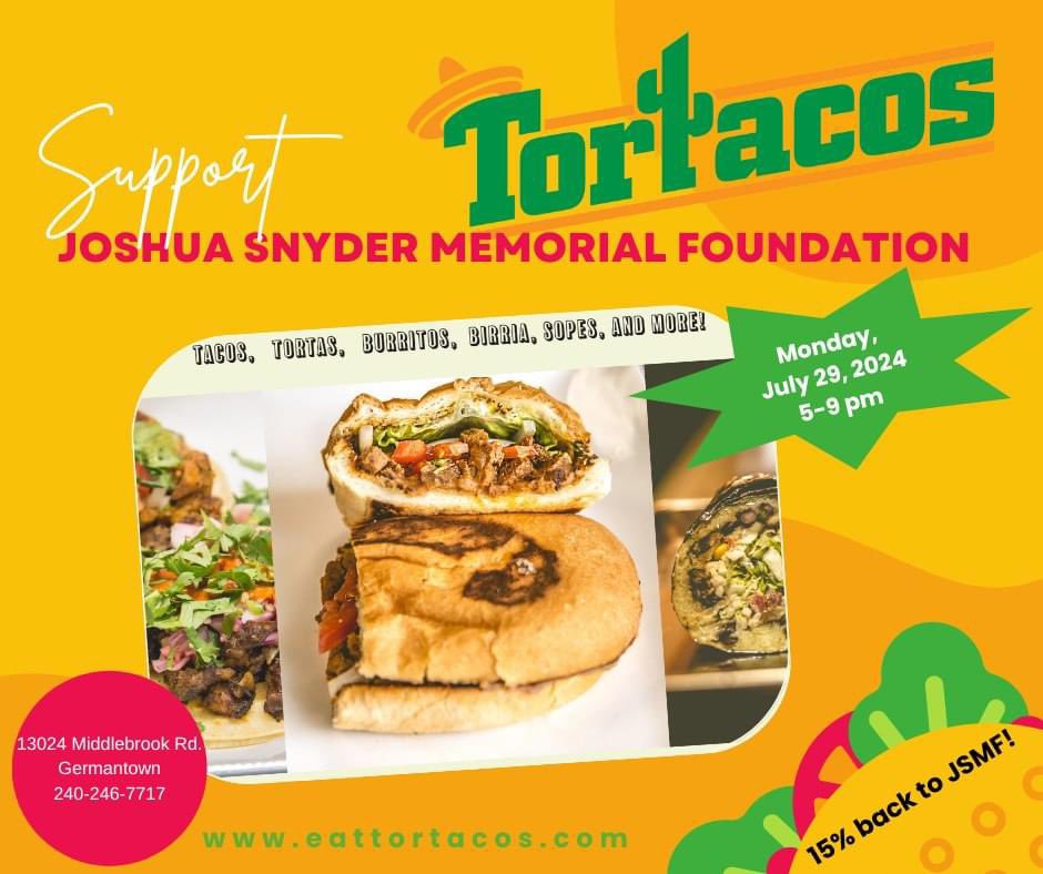 JS Memorial Foundation (@jsmemorial) on Twitter photo Support JSMF tomorrow between 5 and 9 p.m. at Tortacos in Germantown. 15% of sales during the time period will be donated to the Joshua Snyder Memorial Foundation, which provides scholarships to seniors at Northwest High School. bit.ly/JSMFdine <a href="/NWHSPTSA/">Northwest HS PTSA</a> Support JSMF tomorrow between 5 and 9 p.m. at Tortacos in Germantown. 15% of sales during the time period will be donated to the Joshua Snyder Memorial Foundation, which provides scholarships to seniors at Northwest High School. bit.ly/JSMFdine <a href="/NWHSPTSA/">Northwest HS PTSA</a>