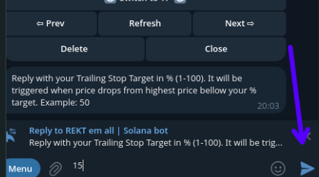 0xNoxo's tweet photo. @rektbot_app Now you can enable the Trailing Stop "click on it so it turns green" and customize it by clicking on the "🎯" button. 
Enter your desired trailing stop and hit send ! https://t.co/8OvsoasAOj