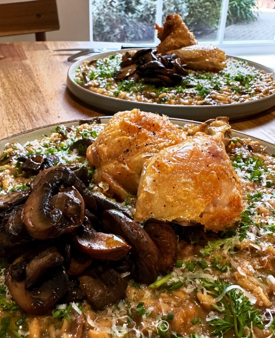 ishkolhatkar's tweet photo. Hangovers can go one of two ways. Sitting on the sofa eating crisps, or overly elaborate cooking considering my delicate state. 

Mushroom risotto and roast chicken legs #CookWithIsh https://t.co/3AnO9ynwvk