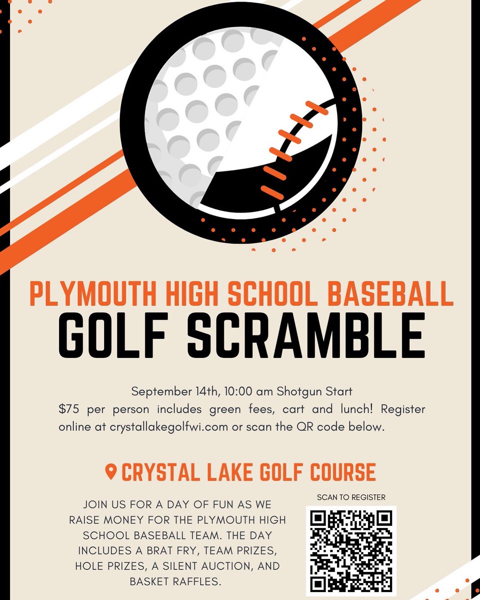 Make your plans to participate in the Third Annual PLYMOUTH HIGH SCHOOL BASEBALL Golf Scramble on September 14! 
Put your foursome together and contact Crystal Lake Golf Course to register today!