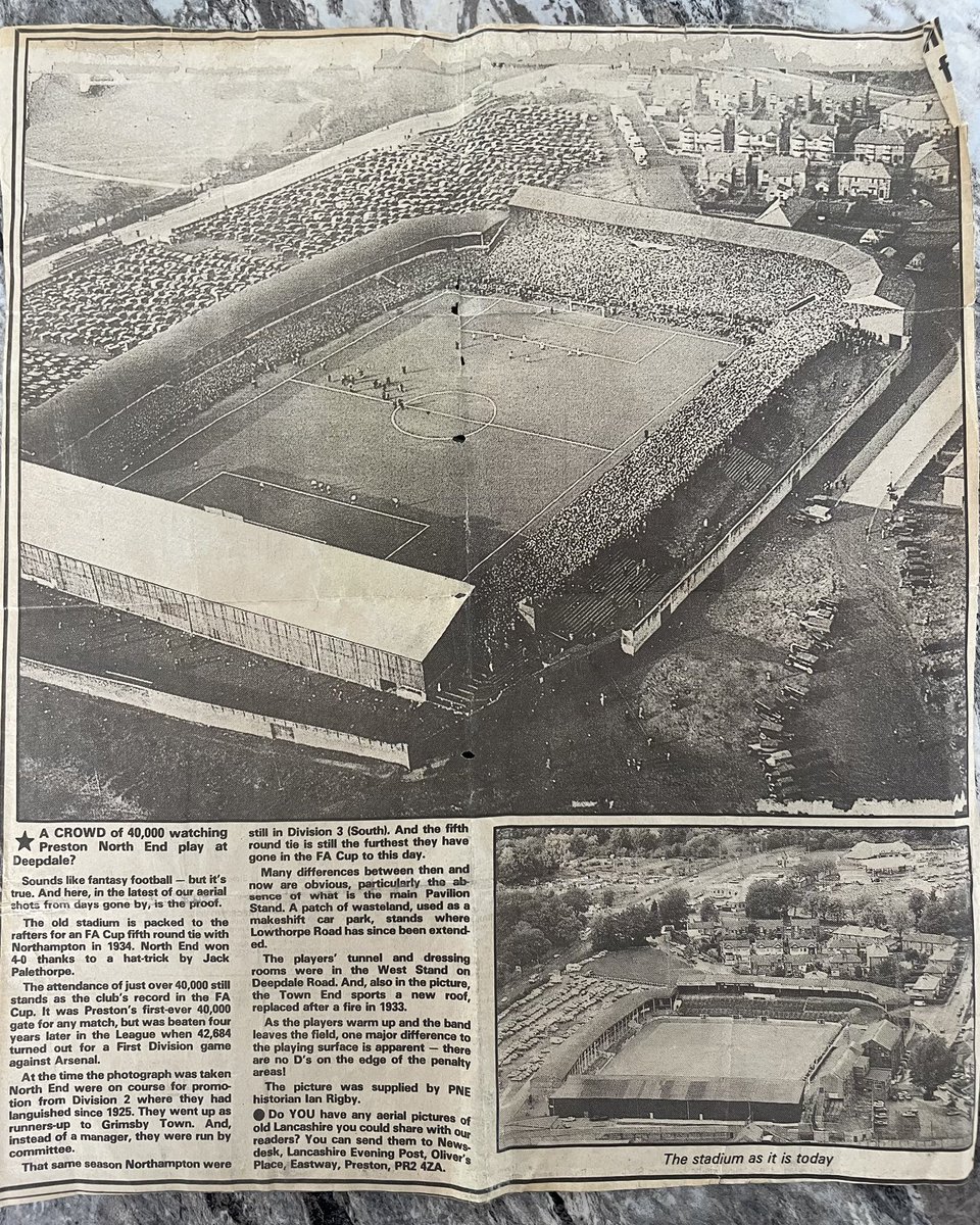 The wife’s grandad found this LEP clipping this week. We think the article is probably from the early 90s, but it’s about a gate of 40,000 at Deepdale in the 1934 FA cup against… Northampton! 🤯 #pnefc <a href="/pnefc/">Preston North End FC</a> (yes, that’s Deepdale, kids 🤣)