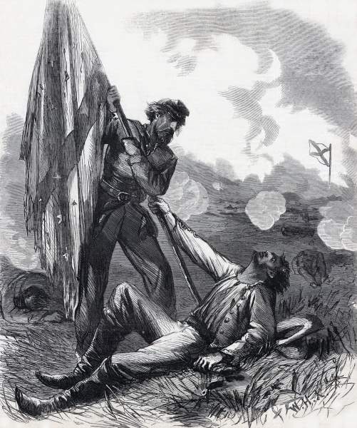 During the battle of Ezra Church, Private Harry Davis of the 46th Ohio Infantry, a twenty-three year old Columbus, Ohio native, captured the flag of the attacking 40th Louisiana Infantry. The moment imortalized in this Harpers Weekly illustration.