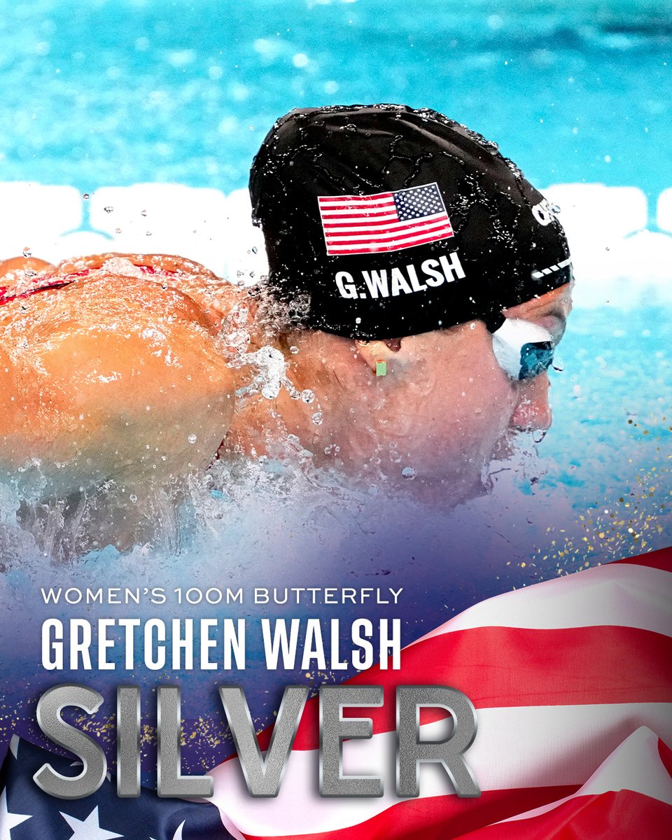NBCOlympics's tweet photo. Gretchen Walsh takes SILVER in the women's 100M butterfly! 🥈🇺🇸 #ParisOlympics https://t.co/L5Gj8uWevl