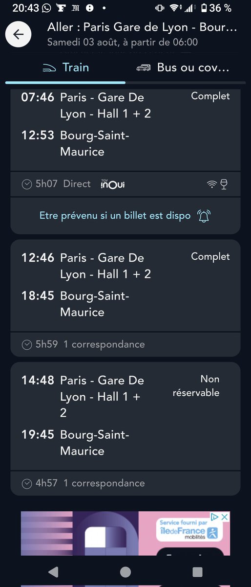 Stef_Cheval's tweet photo. @SNCFConnect C'est pareil pour samedi prochain. En cherchant de Paris à Bourg-Saint-Maurice tous les trains apparaissent complets ou non réservables. https://t.co/QVOgc6C0l1