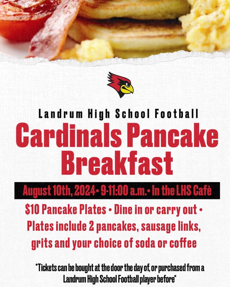 Come out August 10th, and enjoy some delicious pancakes with the Landrum Football team🥞 We look forward to seeing you there!!