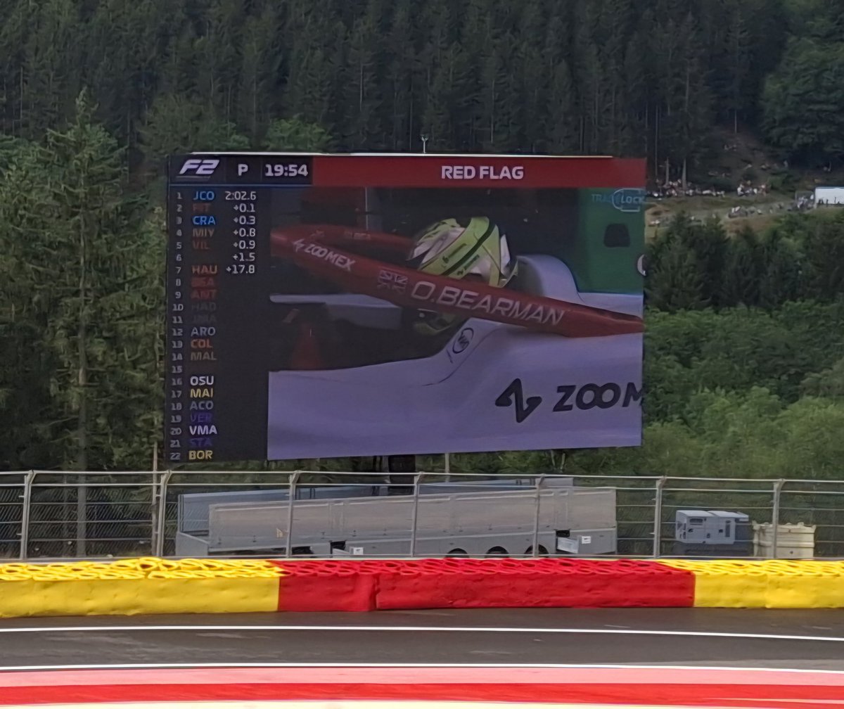 MissLFryer's tweet image. We experienced all weathers at the Spa GP this w/e with challenges for everyone. Sitting on Eau Rouge was amazing. My favourite race bit was watching @OllieBearman make his way from 14th to 7th in the F2 sprint in poor weather...amazing! A shame it then got red flagged (weather).