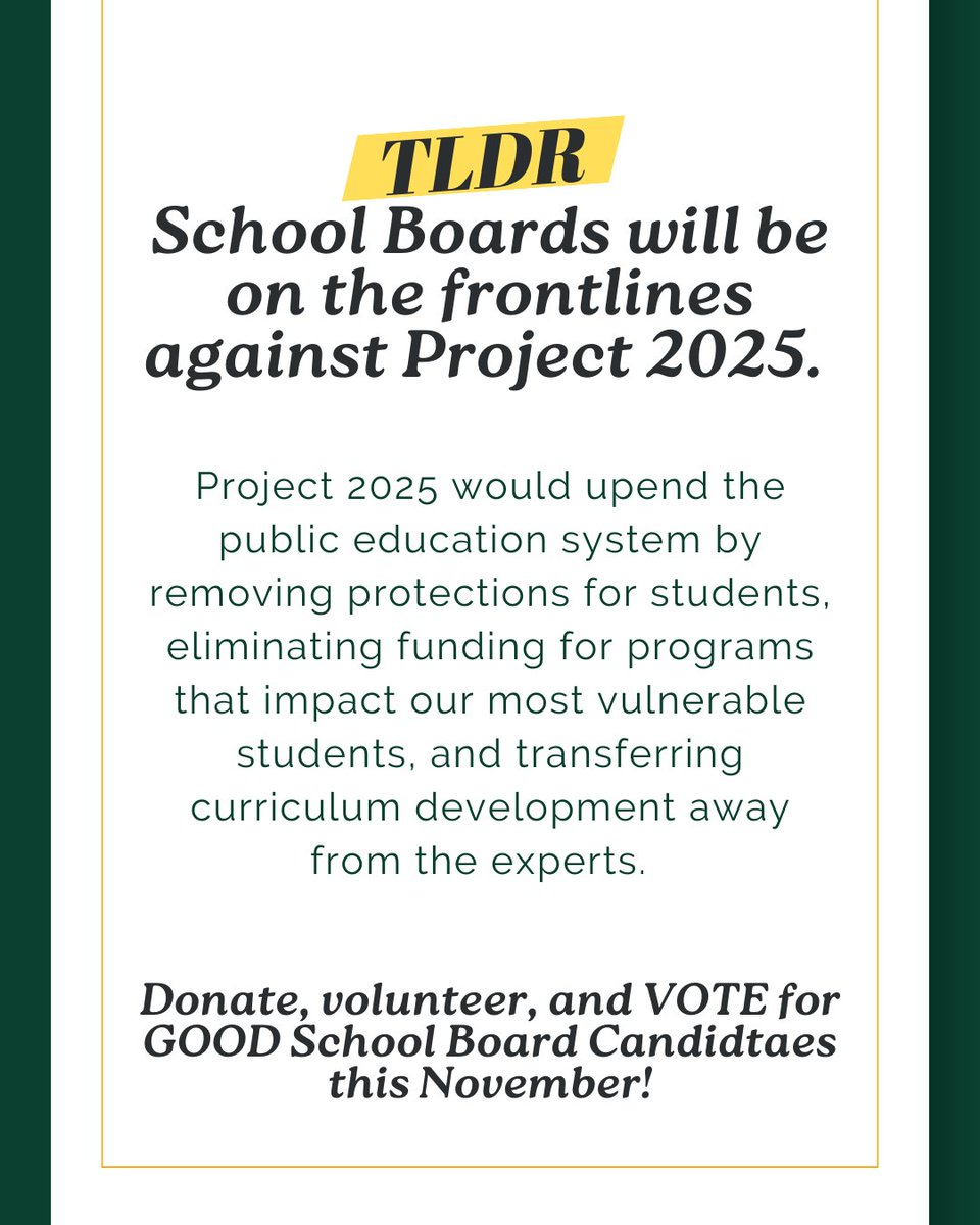schoolboardproj's tweet photo. 🚨 Project 2025 would upend the public education system by removing protections for students, eliminating funding for programs that impact our most vulnerable students, and transferring curriculum development away from the experts. 📚⚠️ https://t.co/W4AaVSANUO