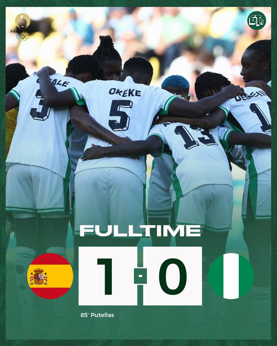 alagbesamson3's tweet photo. Spain 1 vs 0 Nigeria
Hard fought victory for the Spanish team against a highly spirited Super Falcons who didn't take their chances.

Alexia Putellas scored the only goal of the match from the free kick. 
#ESPNGA #ParisOlympics2024 https://t.co/ETlmxN81T7