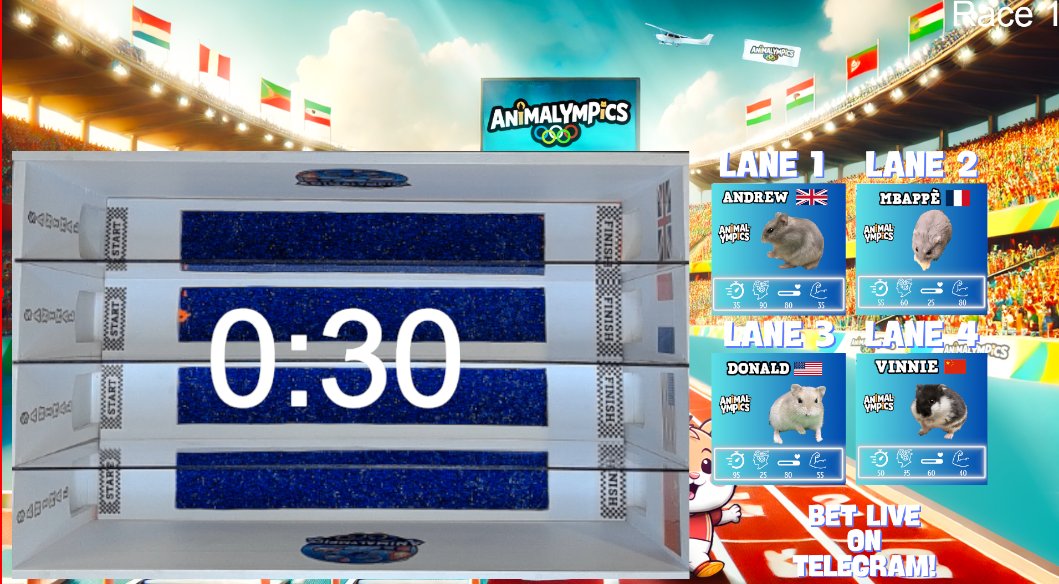 We are live! Today's event is swimming. Donald is the odds favorite. Who will take it?

Tune in: twitch.tv/animalympics