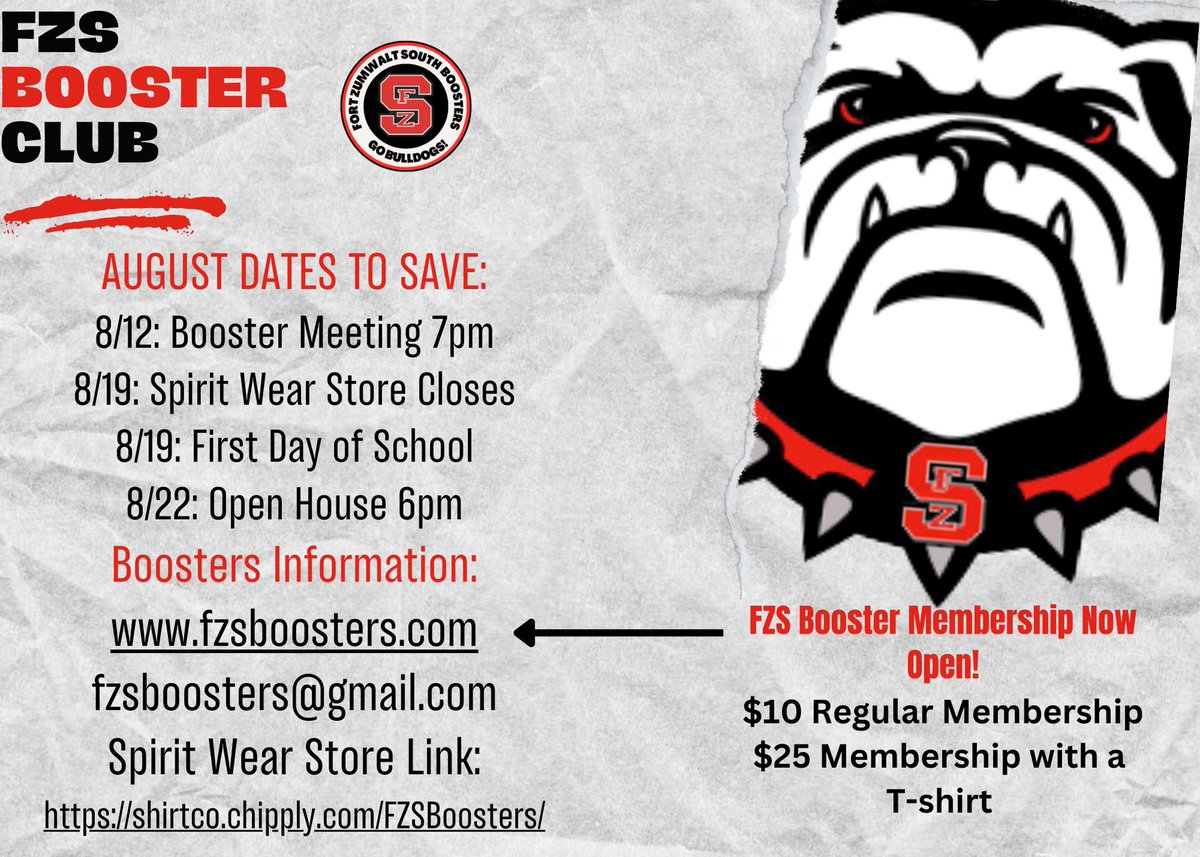 FZS Boosters are hard at work preparing for the new school year. We hope to see some new and familiar faces at our first meeting. Please have a look at our website to learn more about memberships and a calendar with volunteer spots available through October. <a href="/ZumSouth/">Bulldogs</a>