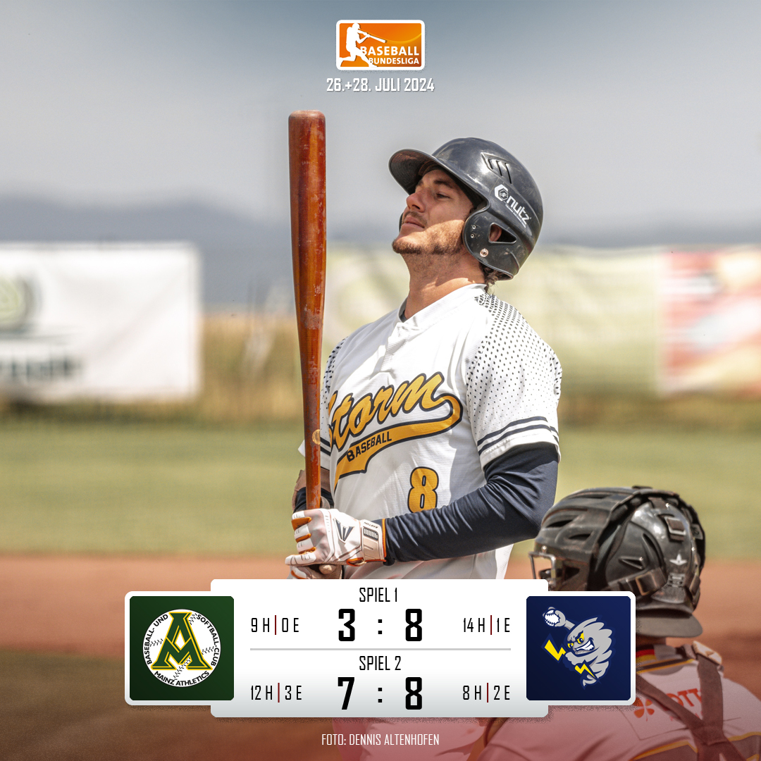 1. Baseball-Bundesliga - Ergebnisse vom 26.+28. Juli 2024:
Mainz Athletics vs. Hünstetten STORM