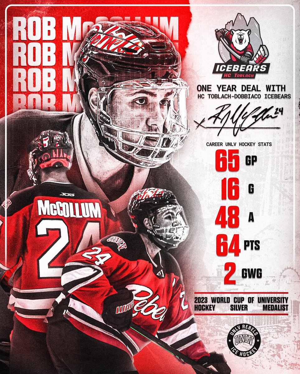 Ciao, <a href="/rmccollum22/">Rob McCollum ️</a> 👋

Congrats to Defenseman Robert McCollum for signing his first pro deal with the HC Toblach-Dobbiaco Ice Bears! 

Best of luck in Italy‼️