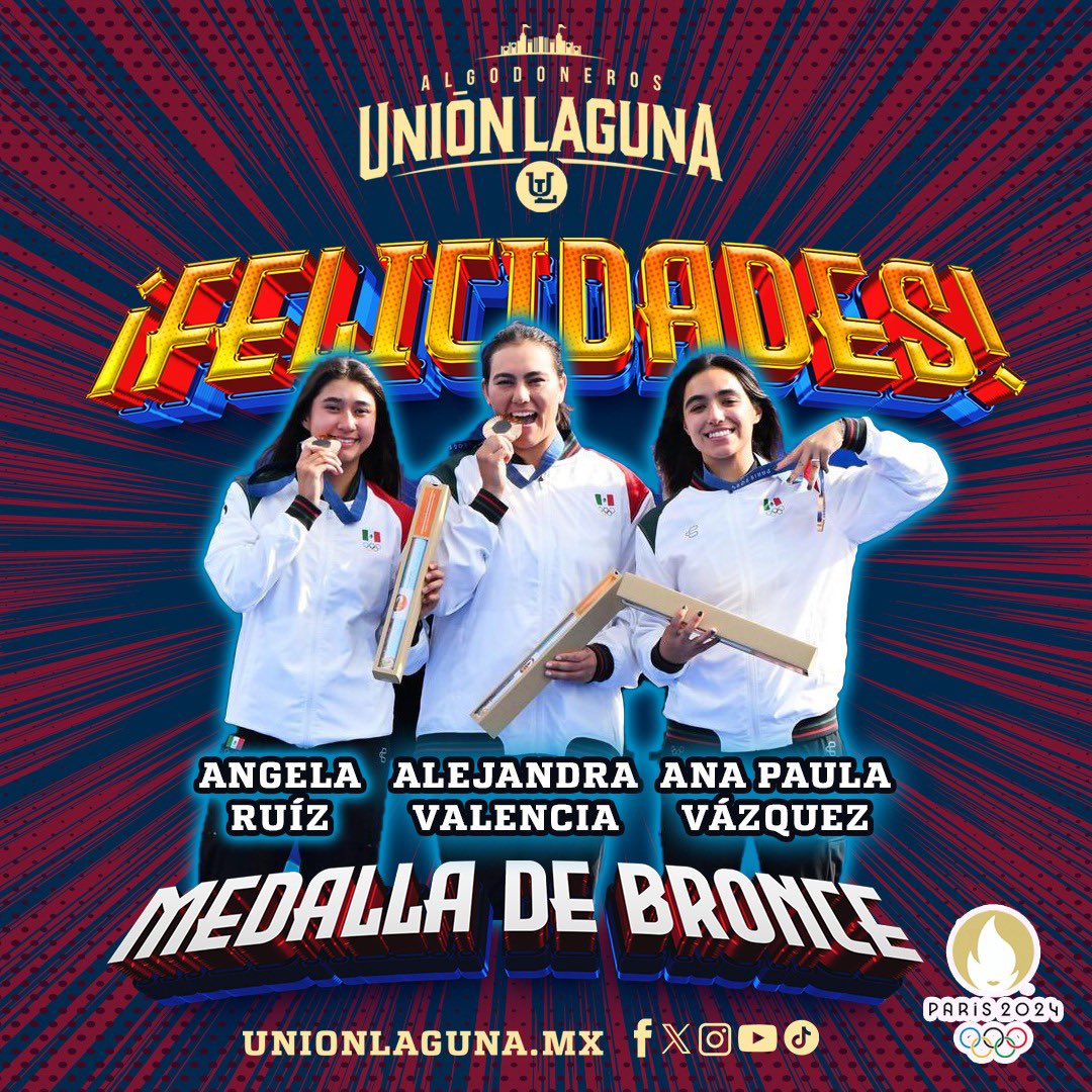 AlgodonerosUL's tweet photo. Que orgullo 🤩

Poniendo en alto el nombre de #México 🇲🇽 y de #Coahuila 🙌🏻

Felicidades, Ángela, Alejandra y Ana Paula 👏🏻👊🏻 por su medalla en los #JuegosOlimpicosParis2024 🥉 https://t.co/zzmrK4W9s6