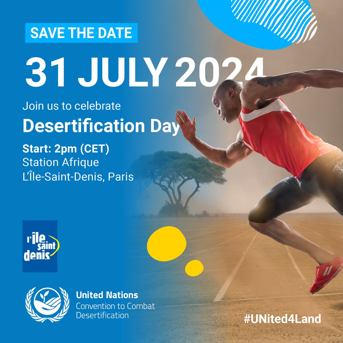 📅 Save the date! Are you at the #Paris2024  Olympics?  

Join us in supporting the movement for sustainable land management as the sporting community is #UNited4Land against land degradation and drought. 

Mark your calendar and learn more here: bit.ly/46nVpyD
