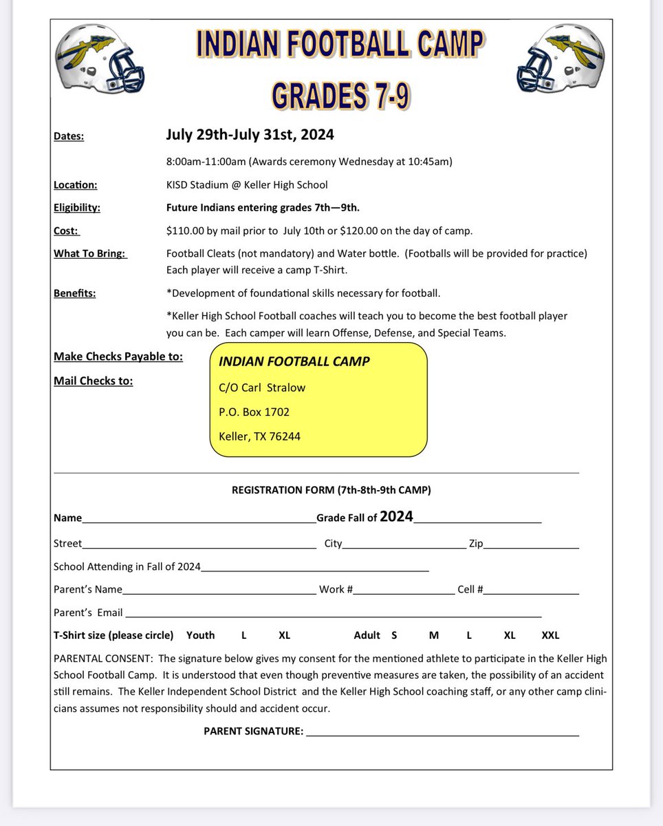 Keller Indian Football Camp
(Grades 7-9)

📆: July 29-July 31, 2024
⌚️: 8:00AM-11:00AM
📍: Keller ISD Stadium @ KHS
ℹ️: Future Indians entering     7th-9th grade. 

*See flier below for more information!