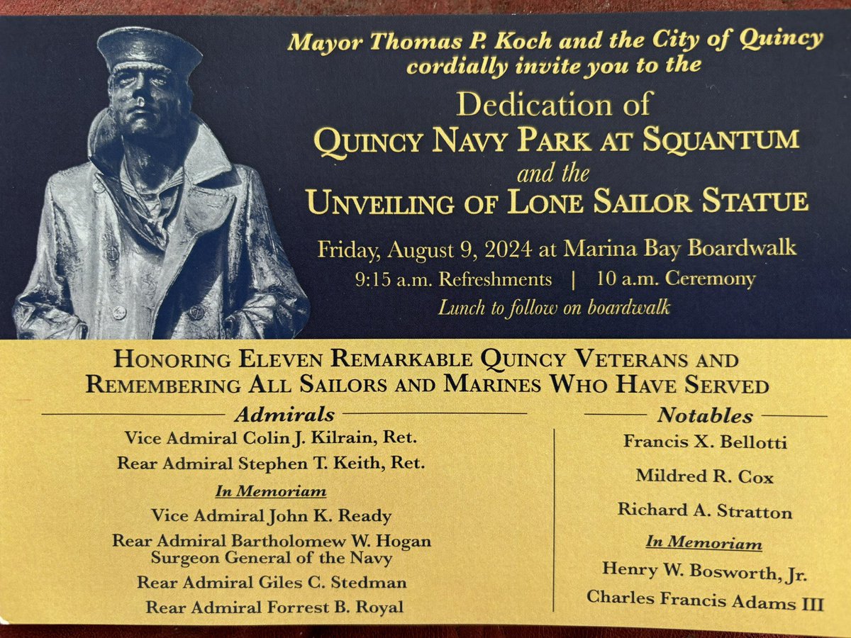 BillyJoeC's tweet image. Lone Sailor Statue
unveiling in Quincy Massachusetts on August 9

navymemorial.org/statue-program