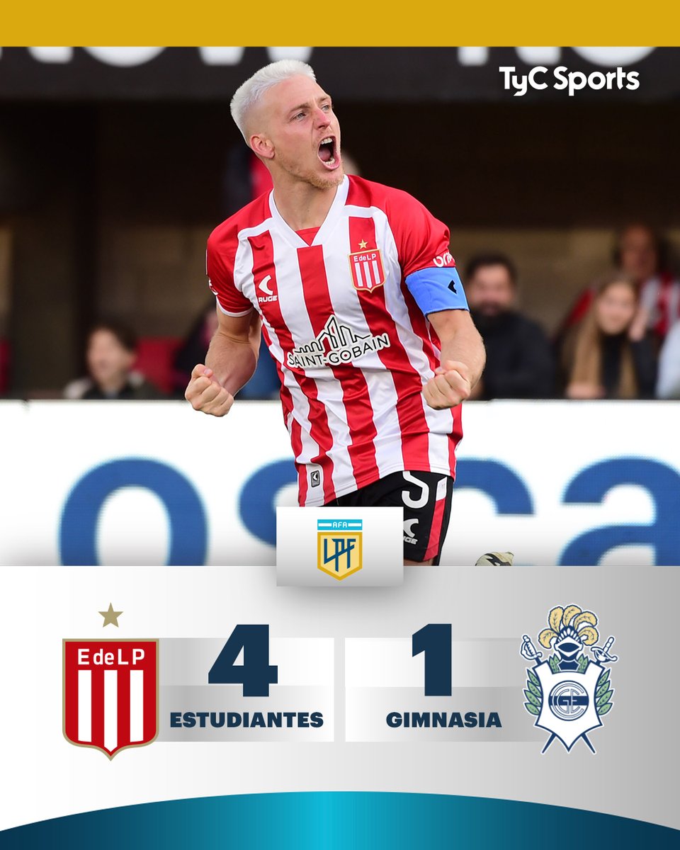 TyCSports's tweet photo. ¡¡ESTUDIANTES APLASTÓ A GIMNASIA EN EL CLÁSICO PLATENSE! 🔴⚪

#LigaProfesional El León derrotó 4 a 1 al Lobo, con un doblete de Carrillo, otro del Ruso Ascacibar y el restante de Sosa (de penal). Así, los comandados por Eduardo Domínguez volvieron a obtener una victoria luego de seis fechas.

📷 Foto Baires Deportes