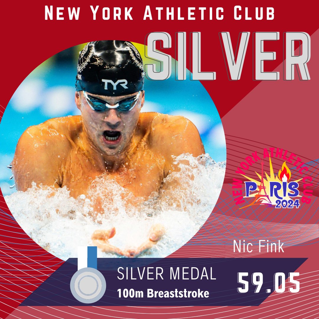 FINK TAKES SILVER 🥈 - The NYAC's Nic Fink ties Great Britain's Adam Peaty for silver in the Men's 100m Breaststroke with a finish of 59.05 in a thrilling final! The NYAC medal count now stands at two golds and two silvers. #Paris2024 #NYAC
