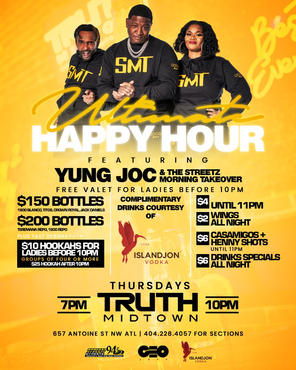This Thursday at #truthrestaurant in Midtown 657 Antoine Street.. Feat the Ultimate Happy Hour with
<a href="/STREETZMTO/">YUNG JOC & THE STREETZ MORNING TAKEOVER</a>
Live on Streetz 94 5 #streetz945atl