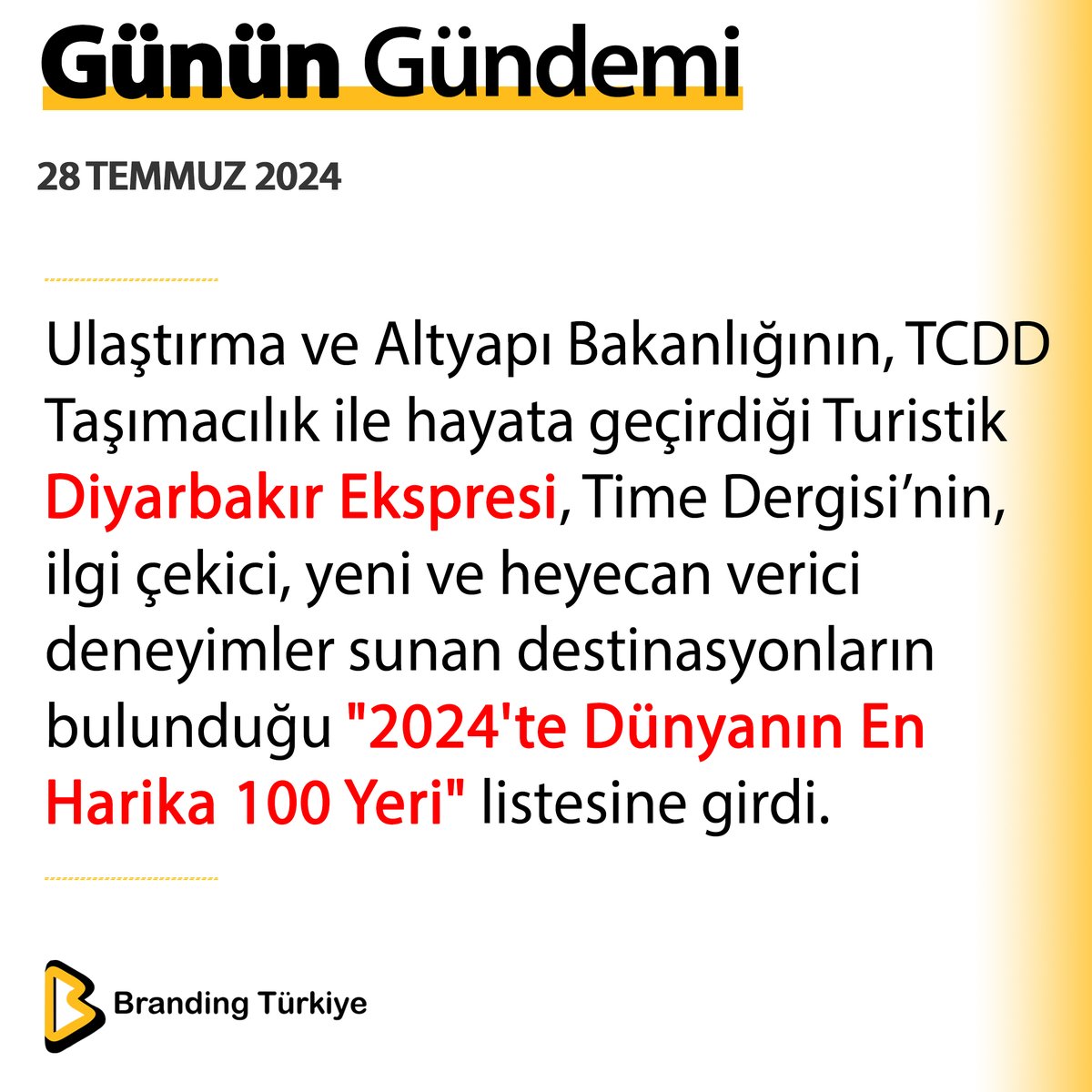 BrandingTR_'s tweet photo. #28Temmuz2024

Diyarbakır Ekspresi, Time Dergisi’nin, "2024'te Dünyanın En Harika 100 Yeri" listesine girdi.

▶ https://t.co/gCNa7nBRbT
#BrandingTürkiye #Haberler #Ulaştırma #TCDD #DiyarbakırEkspresi #TimeDergisi #TIME #Turizm #Seyahat #Deprem #SonDakika https://t.co/Buuo0wcGhW