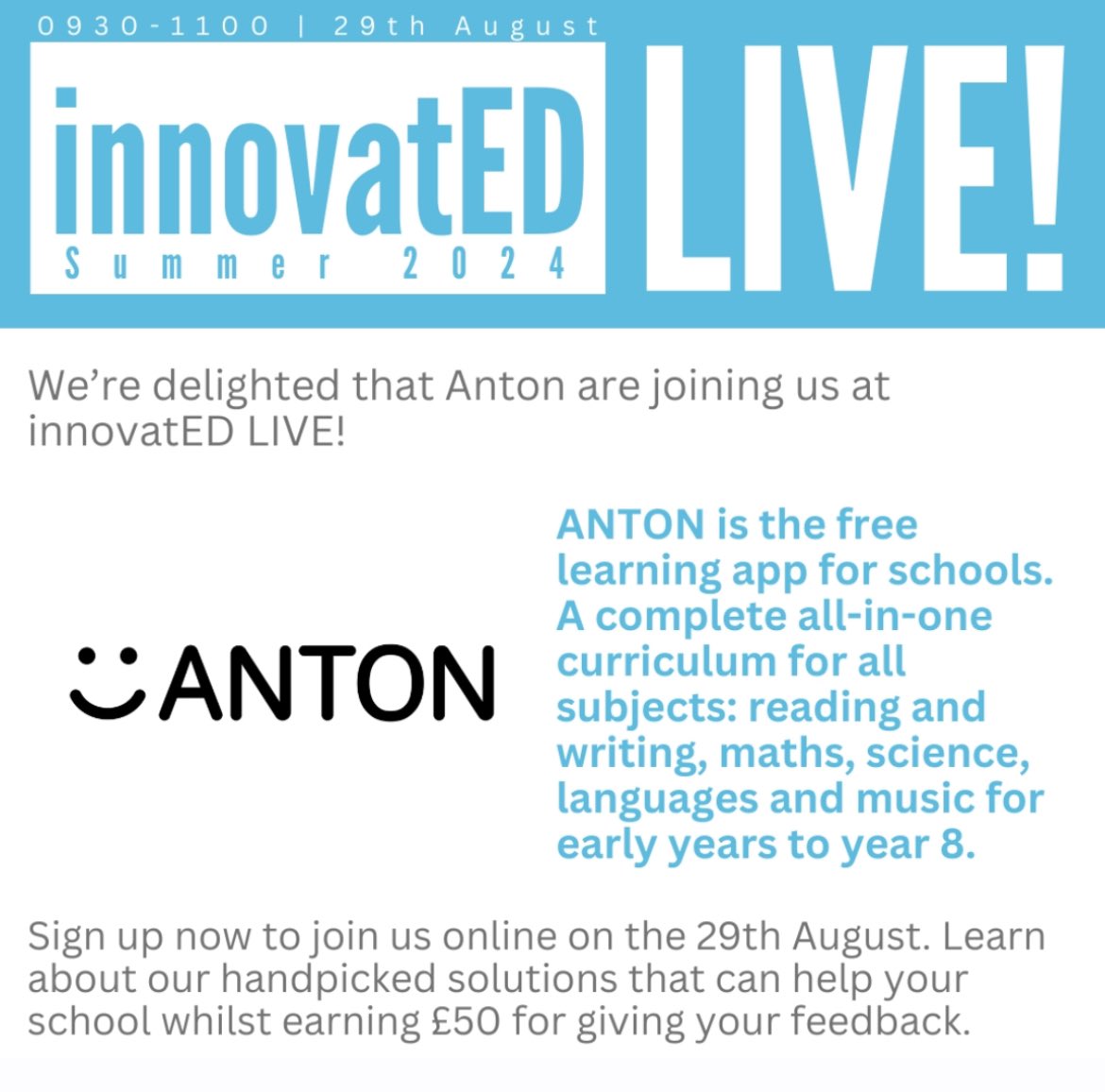 Bluecow Education (@bluecowe) on Twitter photo Hope everyone is enjoying the hols- pretty sure everyone has finished now πNext up on our InnovateED reveal <a href="/AntonApp_EN/">ANTON - The free learning platform for school</a> - check it out - free and very useful! Better still join us online on Aug 29th to learn more and get Β£50 for feedback. bluecoweducation.com/innovated-liveβ¦ Hope everyone is enjoying the hols- pretty sure everyone has finished now πNext up on our InnovateED reveal <a href="/AntonApp_EN/">ANTON - The free learning platform for school</a> - check it out - free and very useful! Better still join us online on Aug 29th to learn more and get Β£50 for feedback. bluecoweducation.com/innovated-liveβ¦
