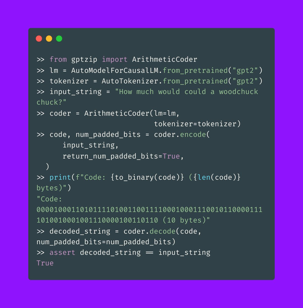 jxmnop's tweet image. if you have language model weights on your computer, you also are in possession of powerful compression software

just put the finishing touches on gptzip, a little personal project for compressing strings with language models

compress text w/ hf transformers, 5x better rates…