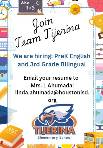 Tijerina Elementary School HISD (@teamtijerinaes) on Twitter photo Team Tijerina is looking for two passionate teachers! Come join our team. Positions: PreK English and 3rd Grade Bilingual. Email your resume to Mrs. L Ahumada: linda.ahumada@houstonisd.org. @HISDCentral @TeamHISD @HISDRecruiter Team Tijerina is looking for two passionate teachers! Come join our team. Positions: PreK English and 3rd Grade Bilingual. Email your resume to Mrs. L Ahumada: linda.ahumada@houstonisd.org. @HISDCentral @TeamHISD @HISDRecruiter