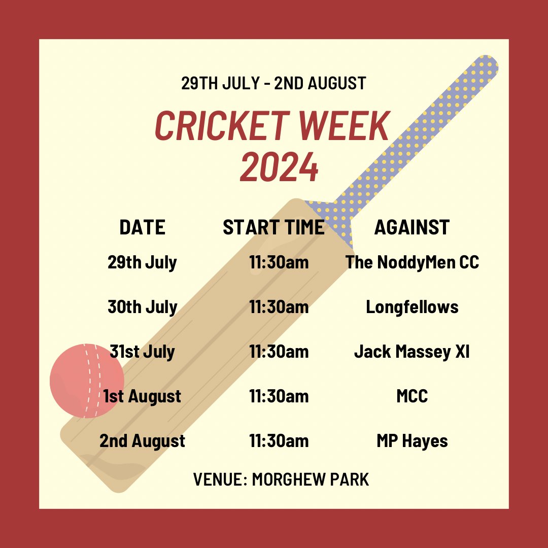 Who is ready for a week of cricket? 

Every day this week there will be a game on at the ground. The Clubhouse will be open, the wickets are ready, the teams have been organised, we just need you! 🏏