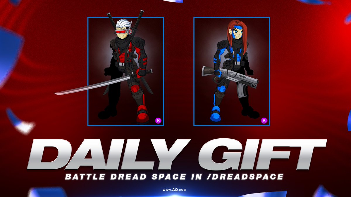 We saved the good stuff for a special occasion! Marvel at today's supero-hero parody Daily Gift, then log in and battle the boss in /Dreadspace to collect the 0 AC rare, color-customizable DreadForce Mercenary set (1 armor, 8 helms, 2 capes, 9 weapons). AQ.com